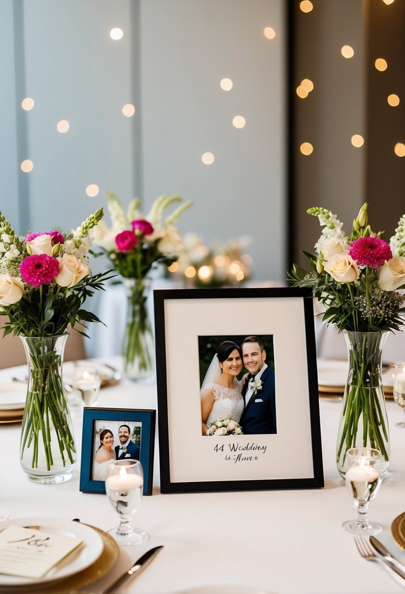 A table adorned with framed couple photos and vases of flowers, celebrating a 44th wedding anniversary