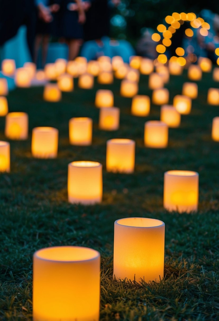 Warm glow emanates from LED candles in ground lanterns, creating a romantic ambiance for a wedding celebration