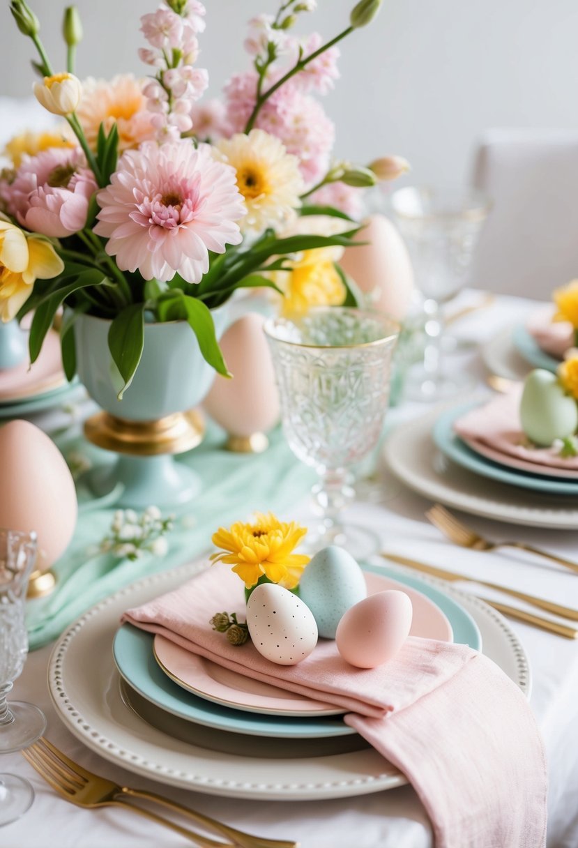 A beautifully decorated table with pastel-colored flowers, Easter eggs, and delicate place settings for a brunch-style reception