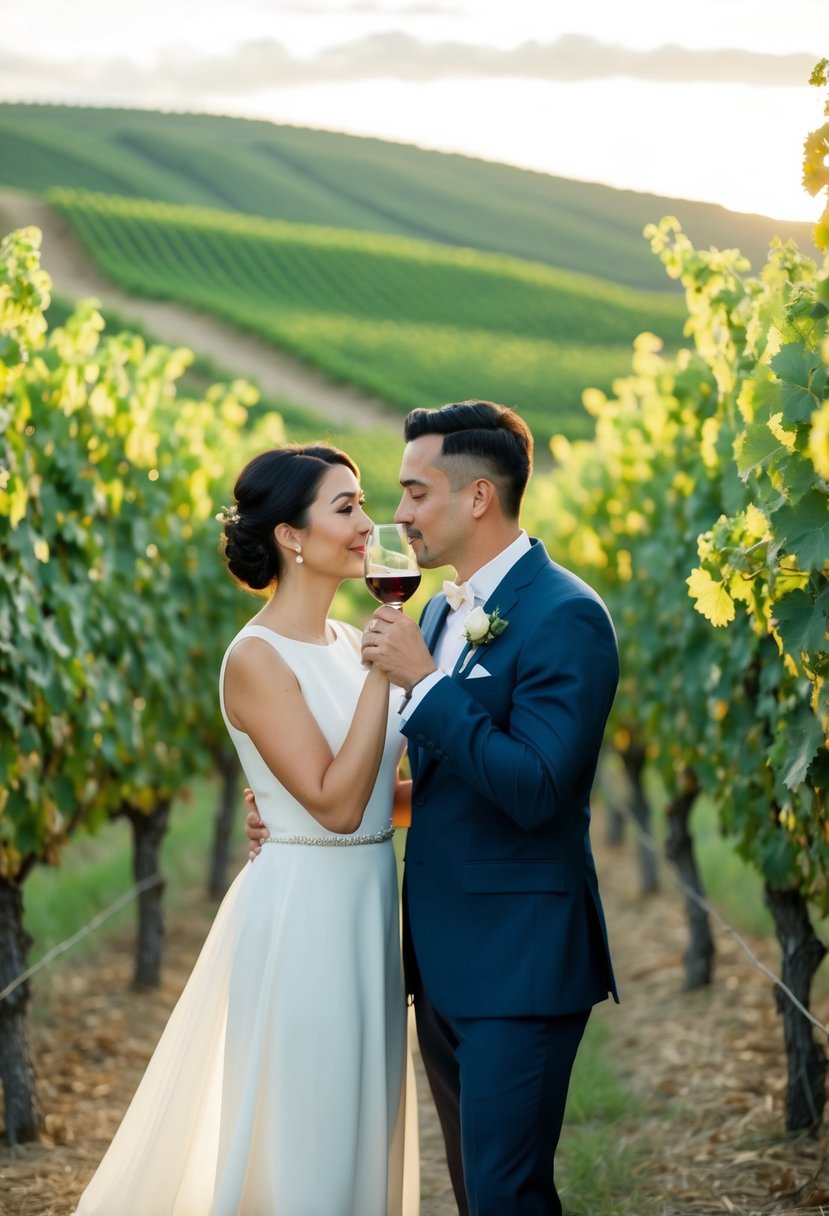 A couple sips wine at a vineyard, surrounded by rolling hills and grapevines, celebrating their 44th wedding anniversary