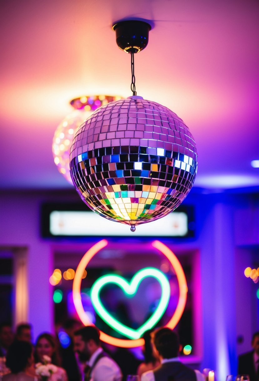 A disco ball hangs from the ceiling, casting colorful reflections across the room. A neon sign glows with vibrant light, adding a fun and lively atmosphere to the wedding reception