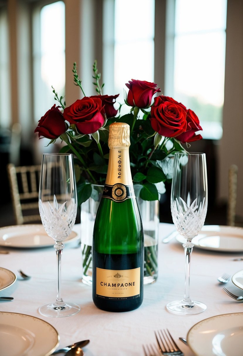 A table set with a white tablecloth, adorned with a bouquet of red roses, a bottle of champagne, and two crystal wine glasses