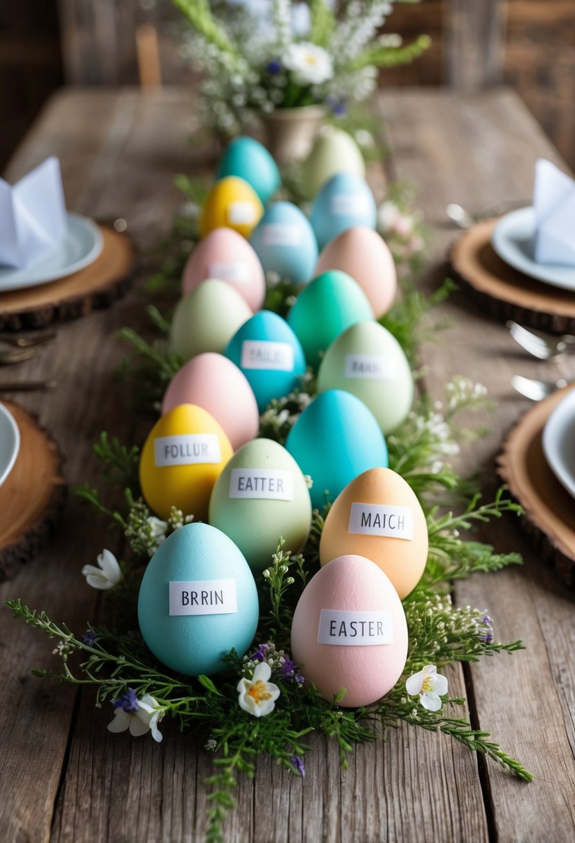 Colorful egg name tags arranged on a rustic wooden table with delicate spring flowers and greenery, creating a charming Easter wedding display