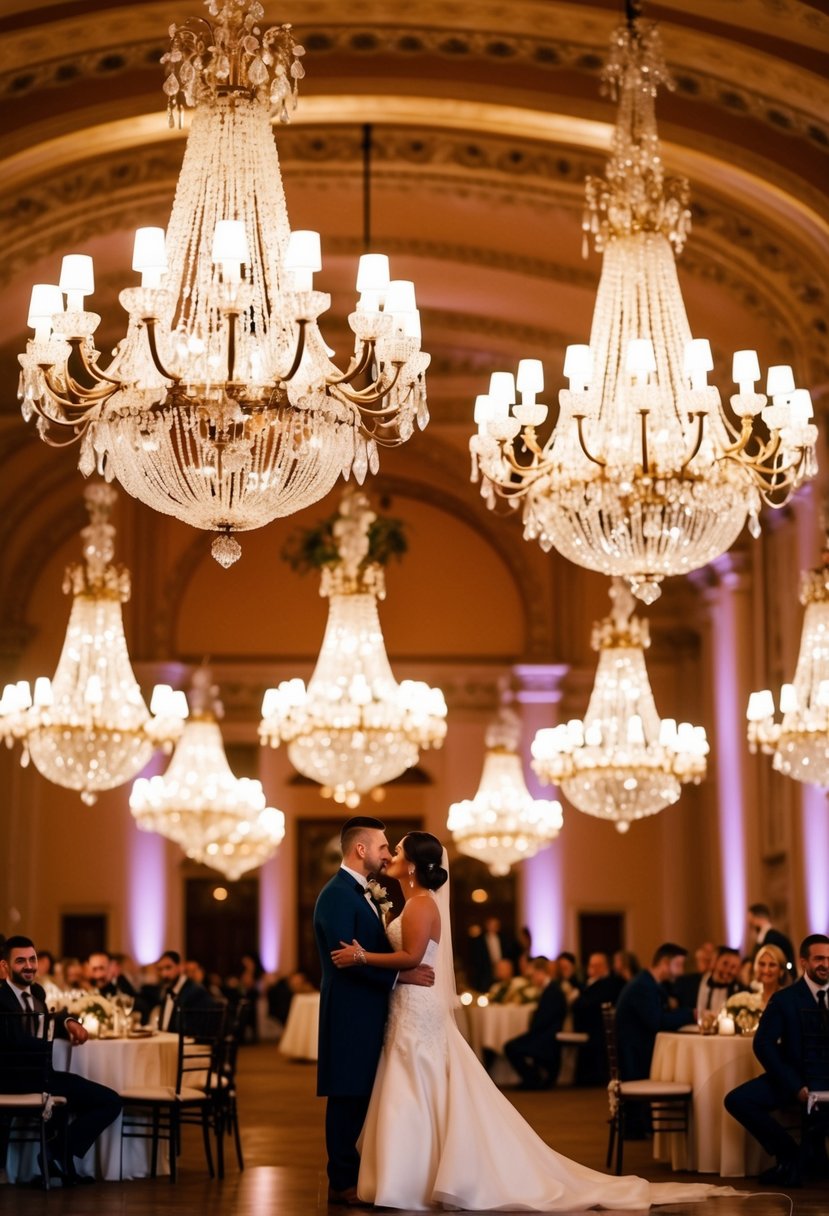 A grand ballroom with ornate vintage chandeliers casting warm, romantic light over a retro wedding reception