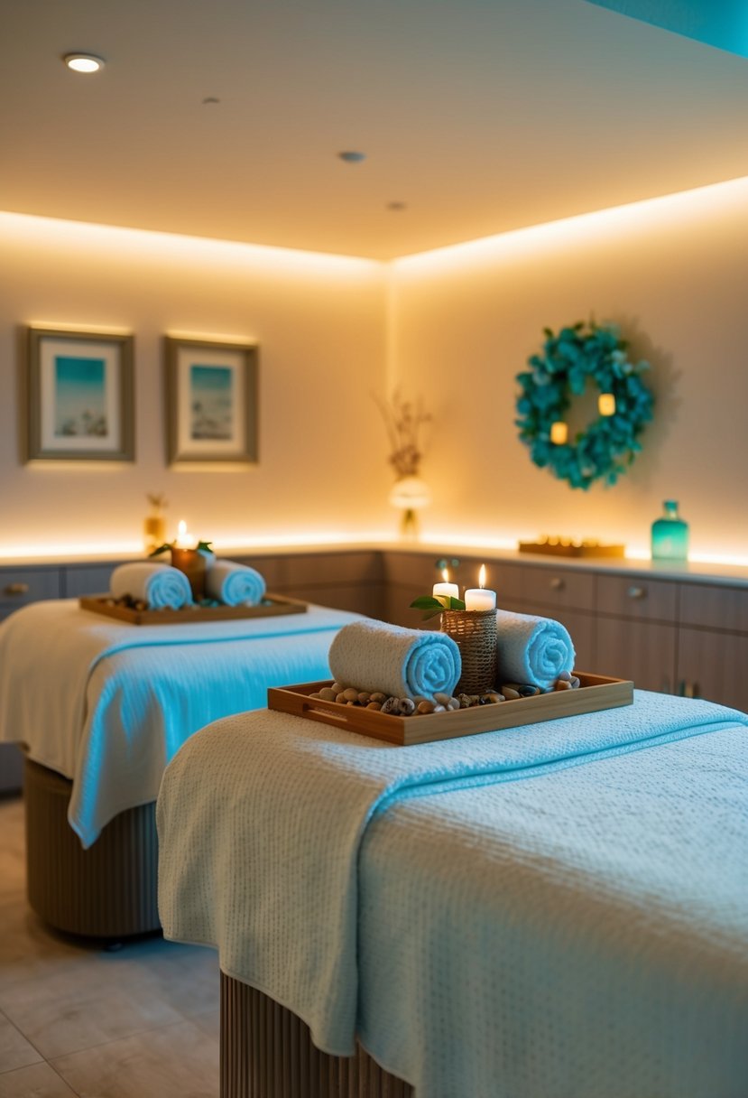 A serene spa room with a couple's massage table, soft lighting, and relaxing decor for a 44th wedding anniversary celebration