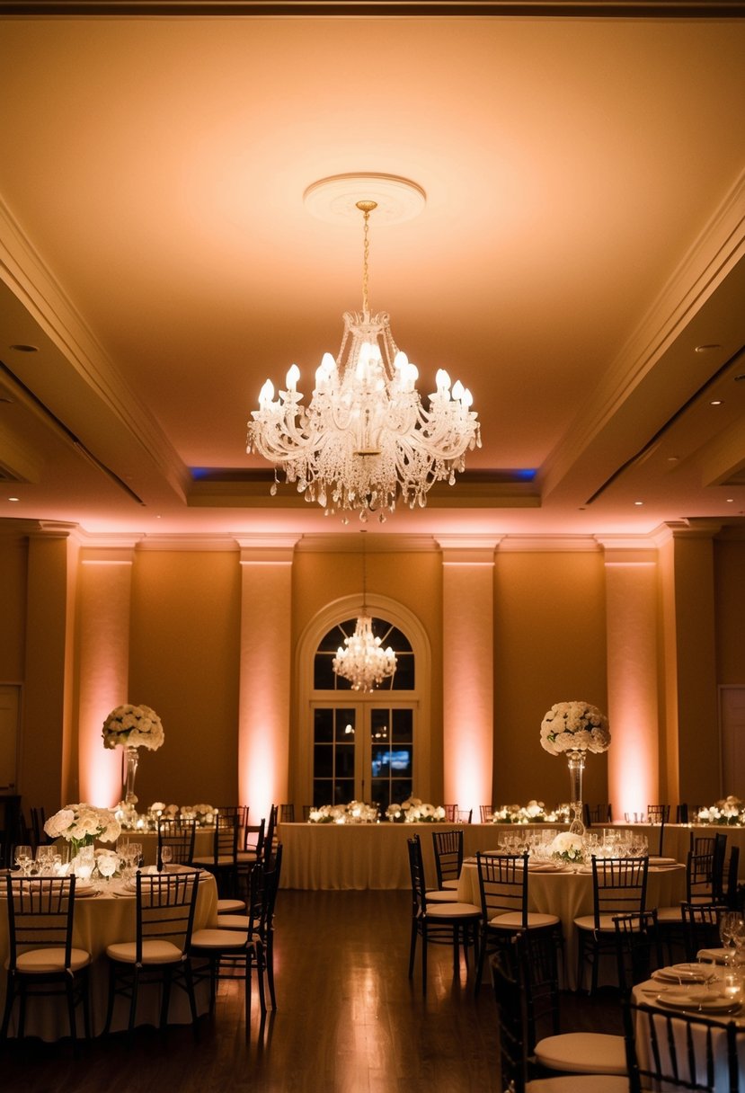 The ballroom is bathed in a warm glow, with uplighting casting elegant shadows on the walls and creating a romantic ambiance for the wedding reception