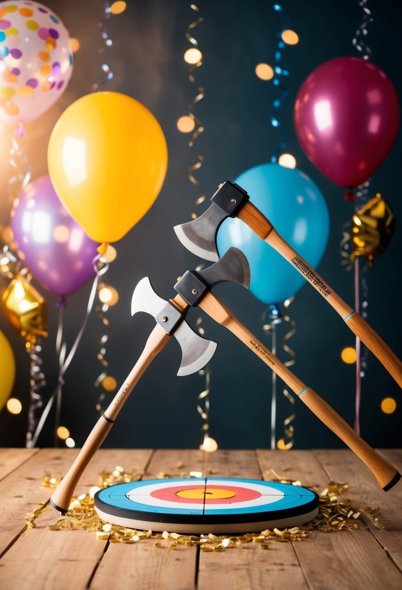 Axes flying through the air towards a target, surrounded by a festive anniversary setting with balloons and decorations