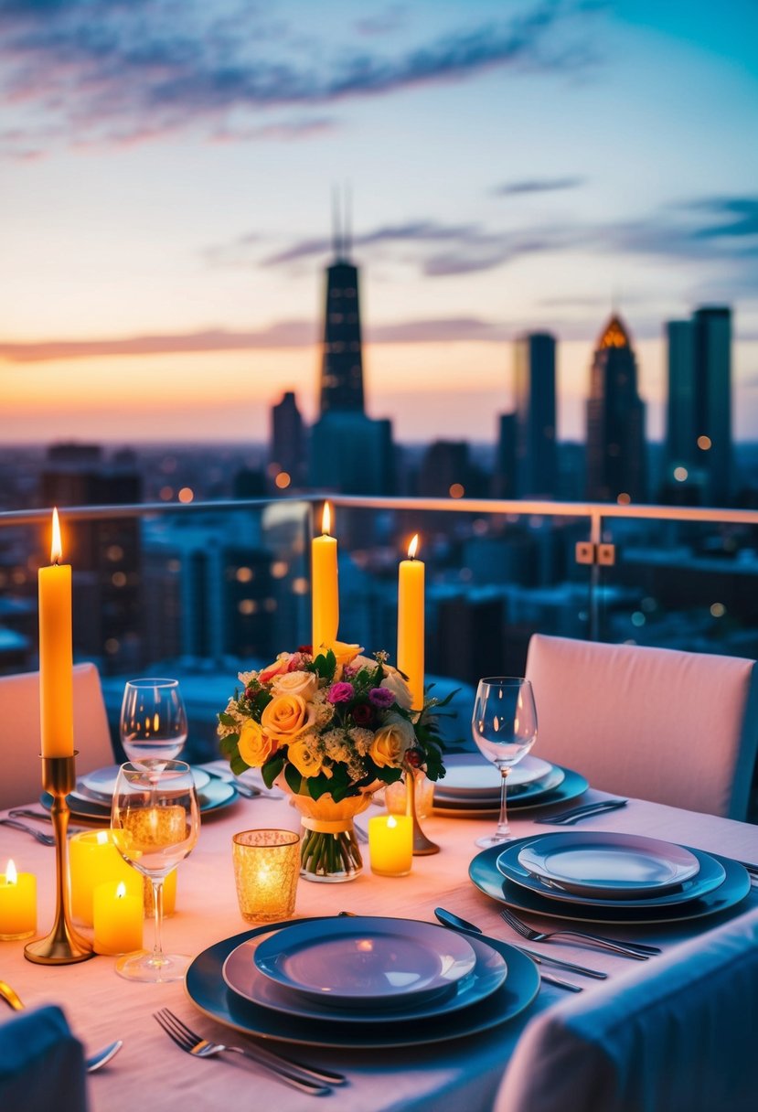 A candlelit rooftop dinner with a view of the city skyline and a table set with elegant dinnerware and a bouquet of flowers