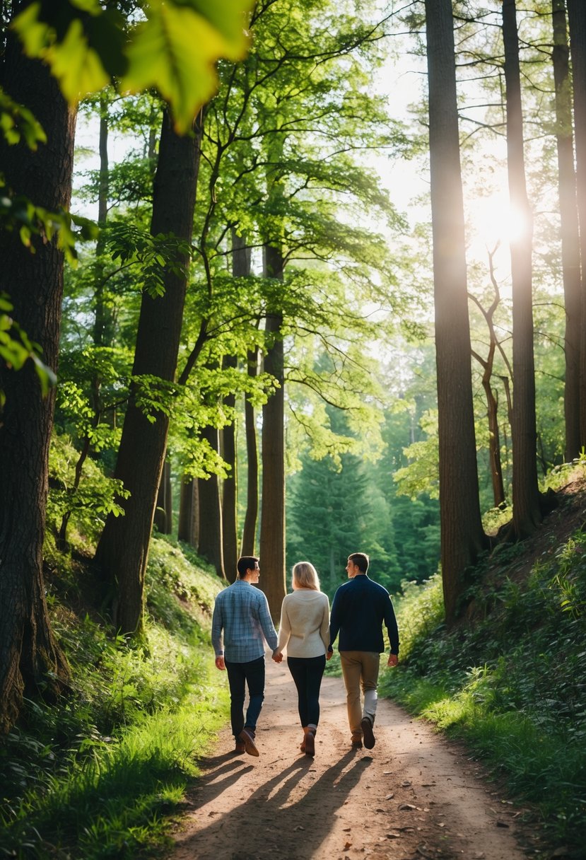 A couple walks hand in hand through a lush forest, surrounded by towering trees and a winding trail. The sun peeks through the leaves, casting a warm glow over the peaceful scene