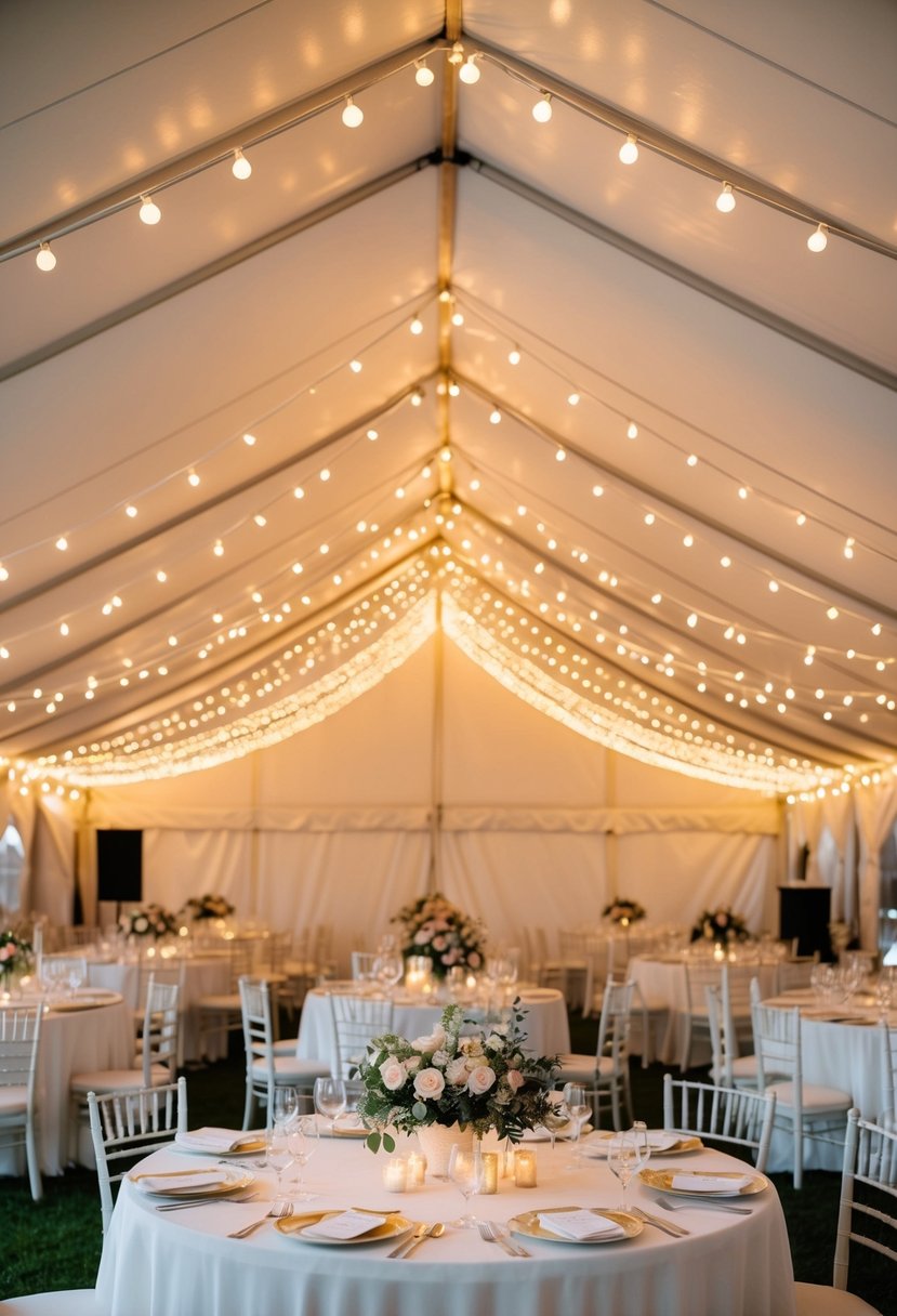 Soft, warm string lights drape from the ceiling of a white wedding tent, casting a romantic glow over the elegant tables and floral centerpieces