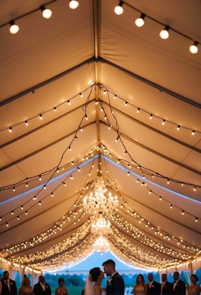 Overhead, a web of twinkling string lights illuminates the wedding tent, creating a warm and romantic atmosphere for the celebration