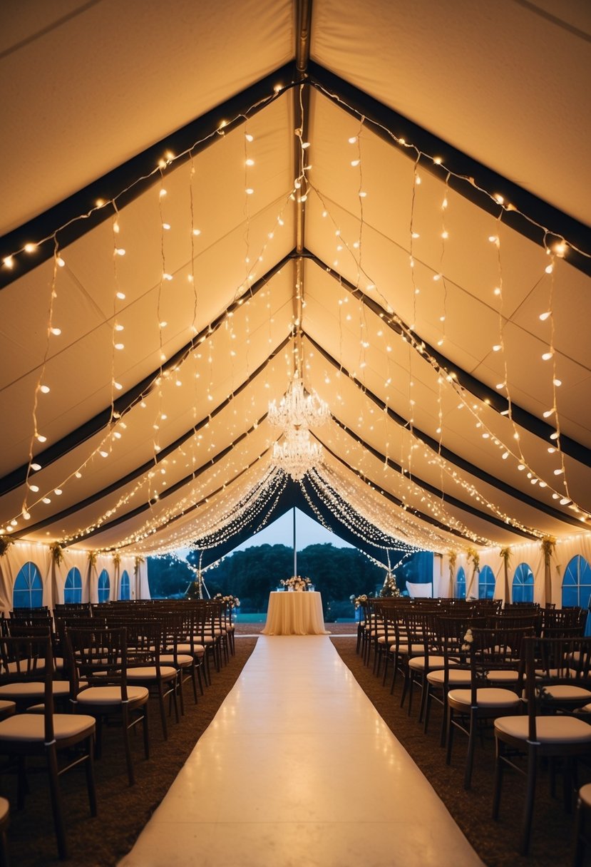 A wedding tent filled with fairy light curtains cascading from the ceiling, creating a warm and enchanting atmosphere