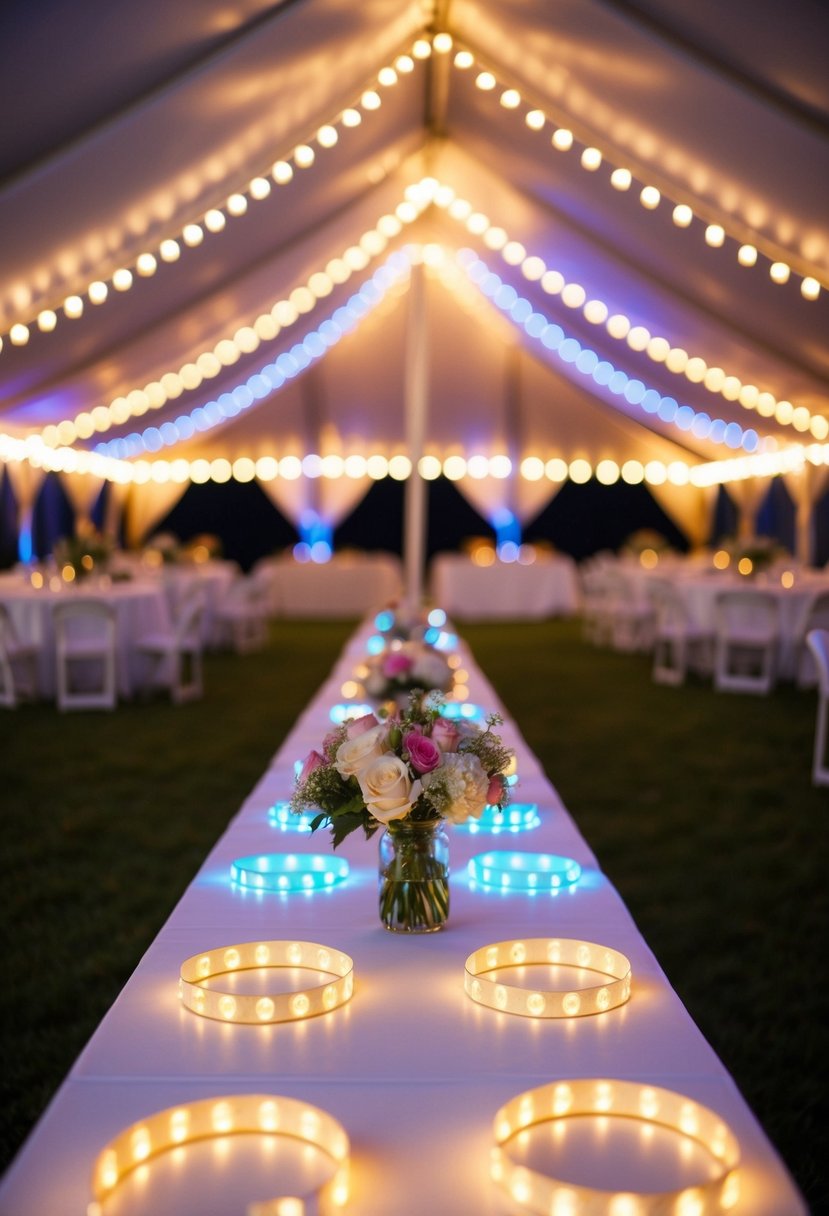 Colorful LED strip lights illuminate a wedding tent, casting a warm and festive glow over the space