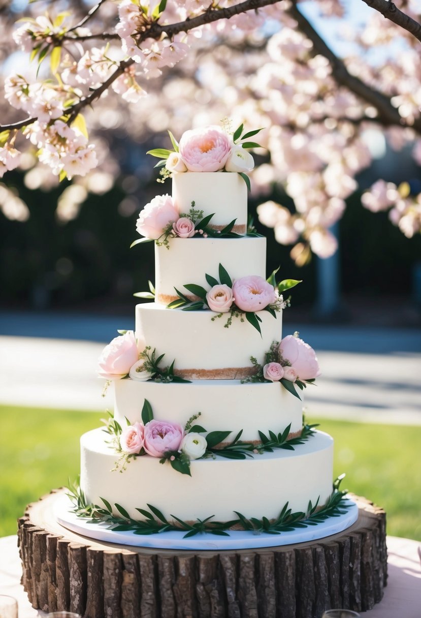 A tiered wedding cake adorned with pastel flowers and greenery, set against a background of blooming cherry blossoms and dappled sunlight