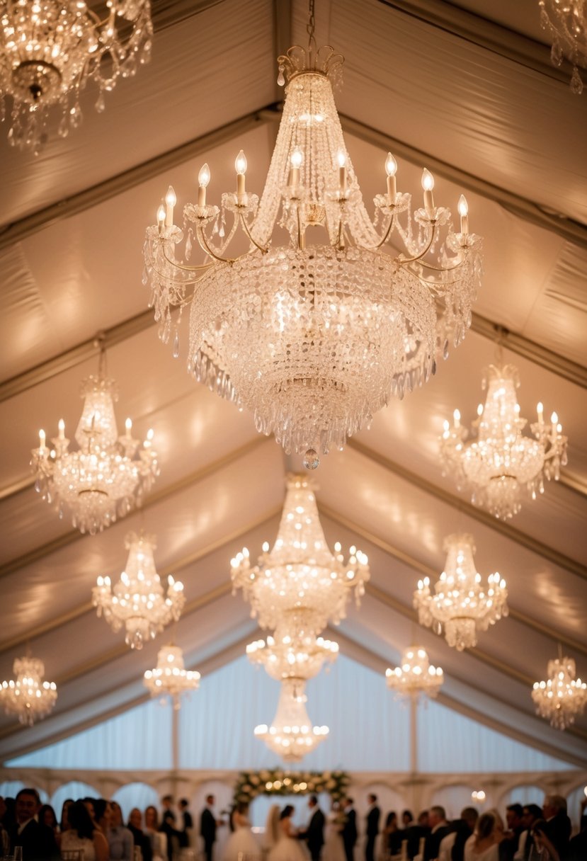 A grand wedding tent with cascading crystal chandeliers illuminating the space with a warm and elegant glow