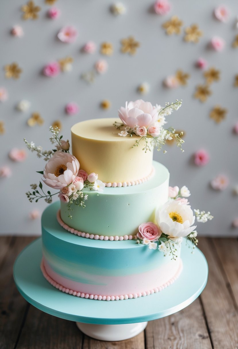 A hand-painted pastel cake adorned with delicate floral accents, evoking a sense of springtime elegance