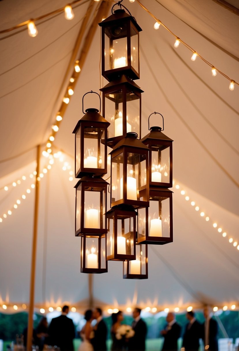 A cluster of lanterns hanging from the ceiling of a wedding tent, casting a warm and romantic glow over the space