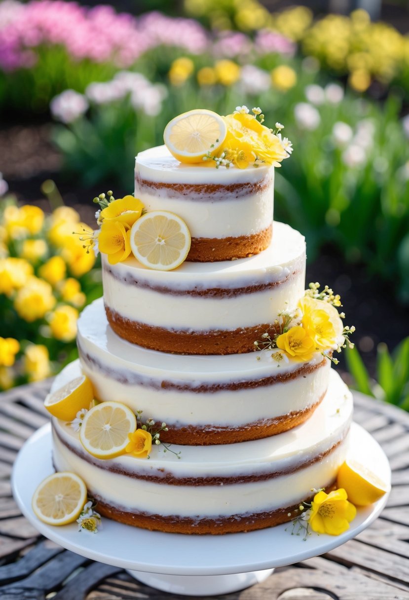 A three-tiered lemon cake adorned with fresh lemon slices and delicate yellow flowers, set against a backdrop of blooming springtime gardens