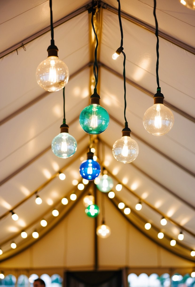 Multicolored globe lights hang from the ceiling of a wedding tent, casting a warm and festive glow over the space