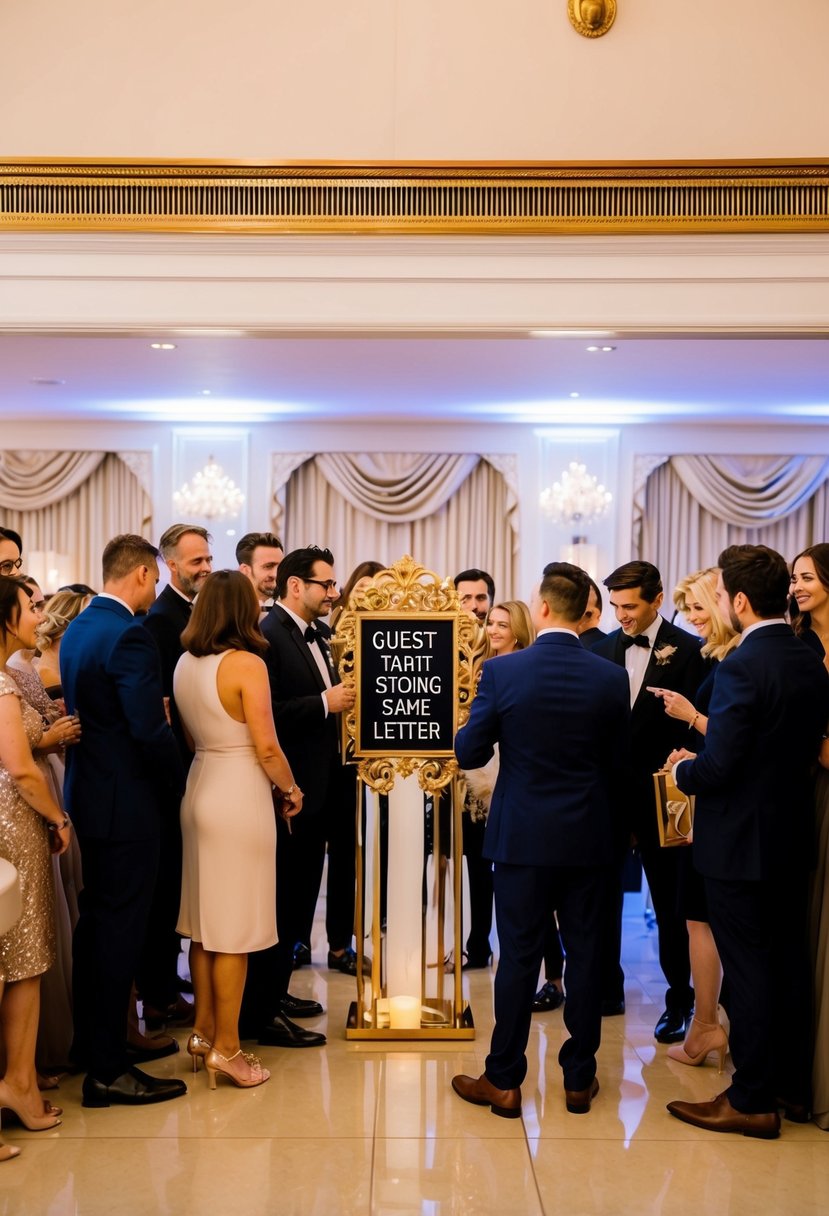 A group of guests gather around a glamorous gold and white sign, searching for a guest with a name starting with the same letter