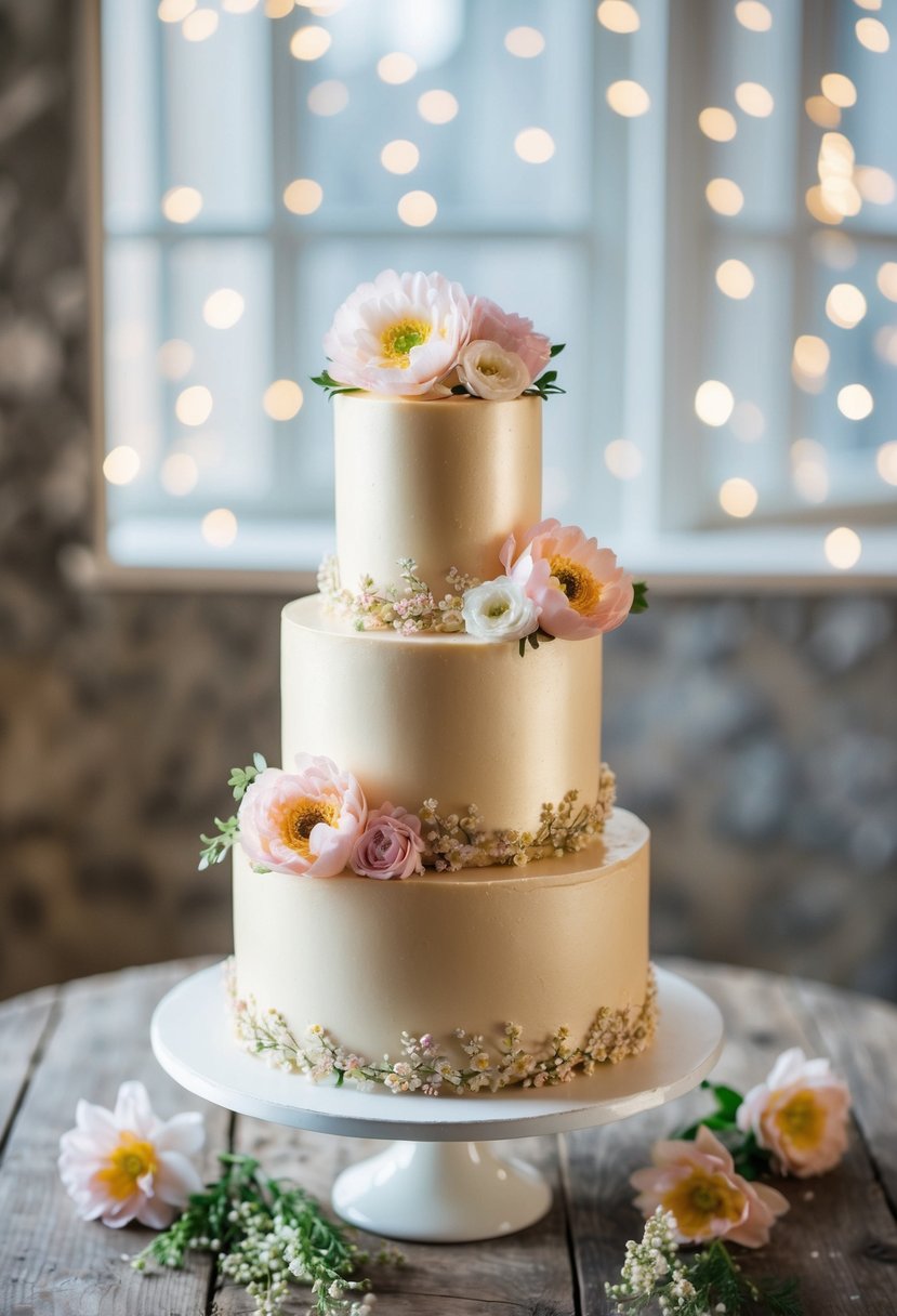 A three-tiered champagne cake adorned with delicate floral decorations sits on a rustic wooden table, surrounded by pastel-colored spring flowers