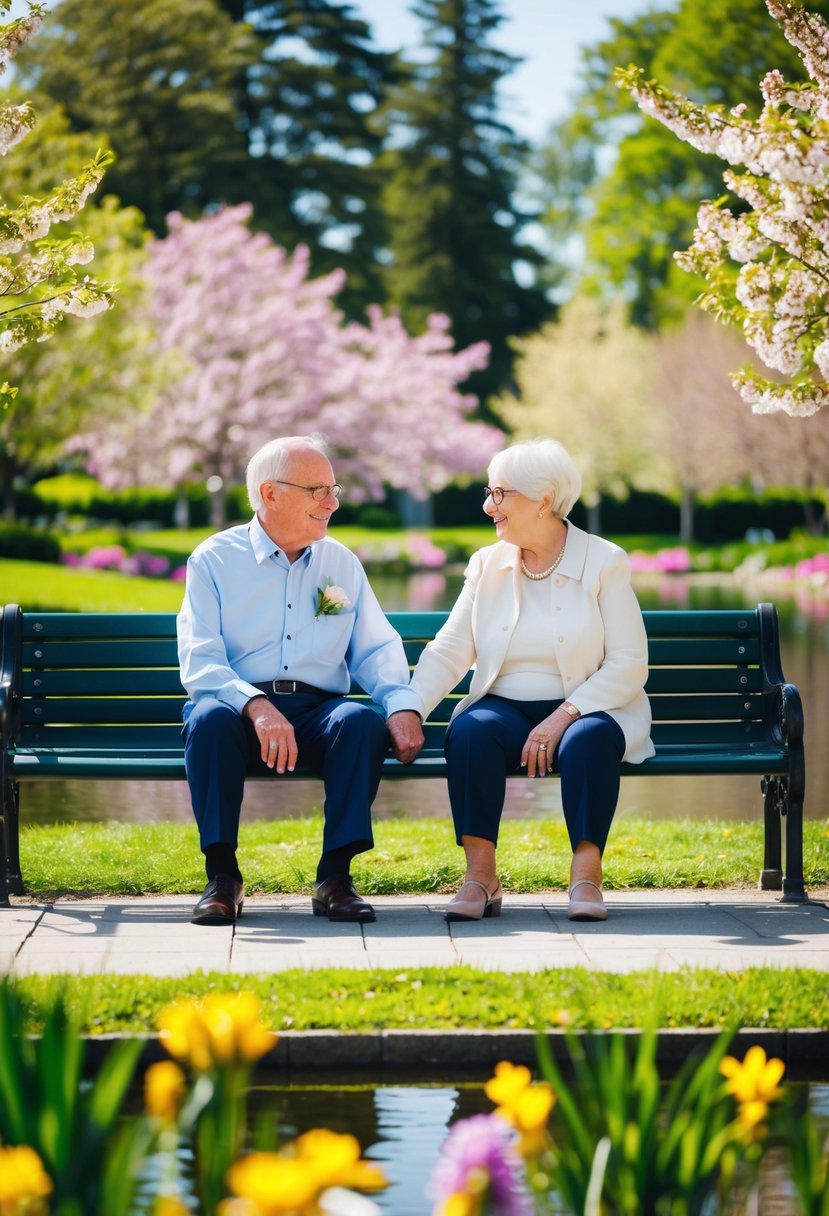 An elderly couple sits on a bench in a park, surrounded by blooming flowers and a serene pond. They hold hands and smile at each other, their wedding rings glistening in the sunlight