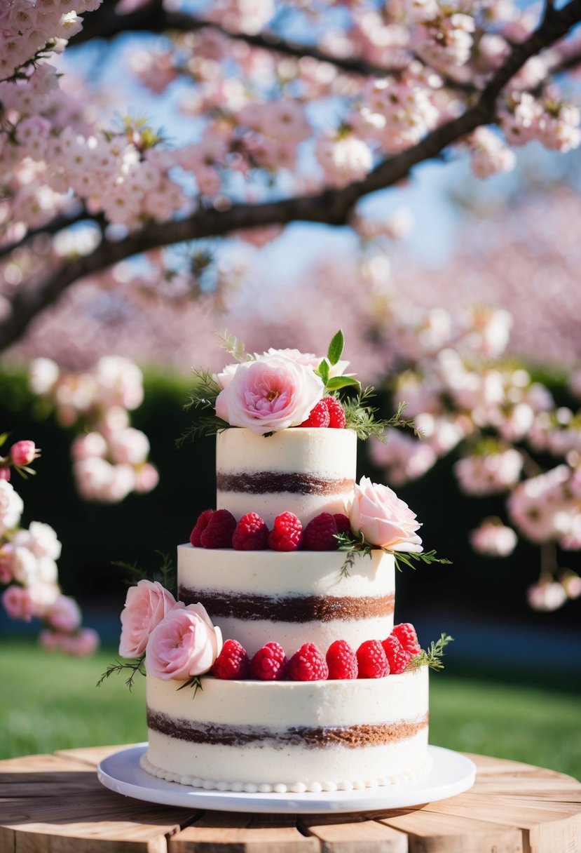 A three-tiered raspberry cake topped with delicate pink roses and greenery, set against a backdrop of blooming cherry blossoms and dappled sunlight