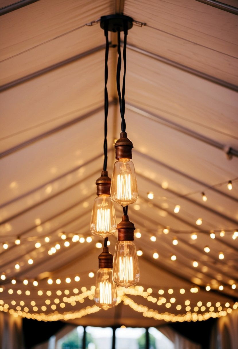 Edison bulb strands hang from the ceiling of a wedding tent, casting a warm and romantic glow over the space