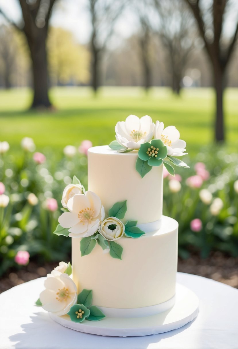 A two-tier wedding cake adorned with blooming sugar flowers, evoking the essence of spring