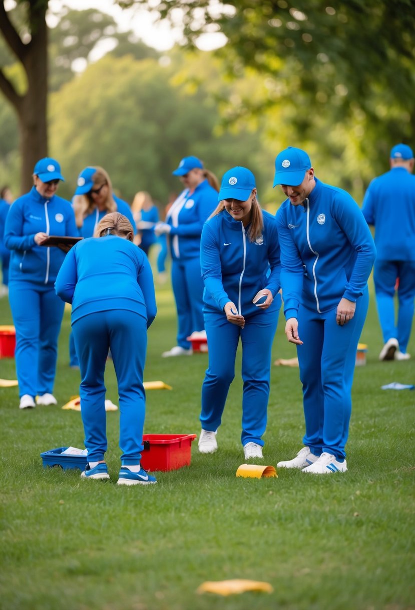 A group of people wearing matching blue attire searching for items in a park