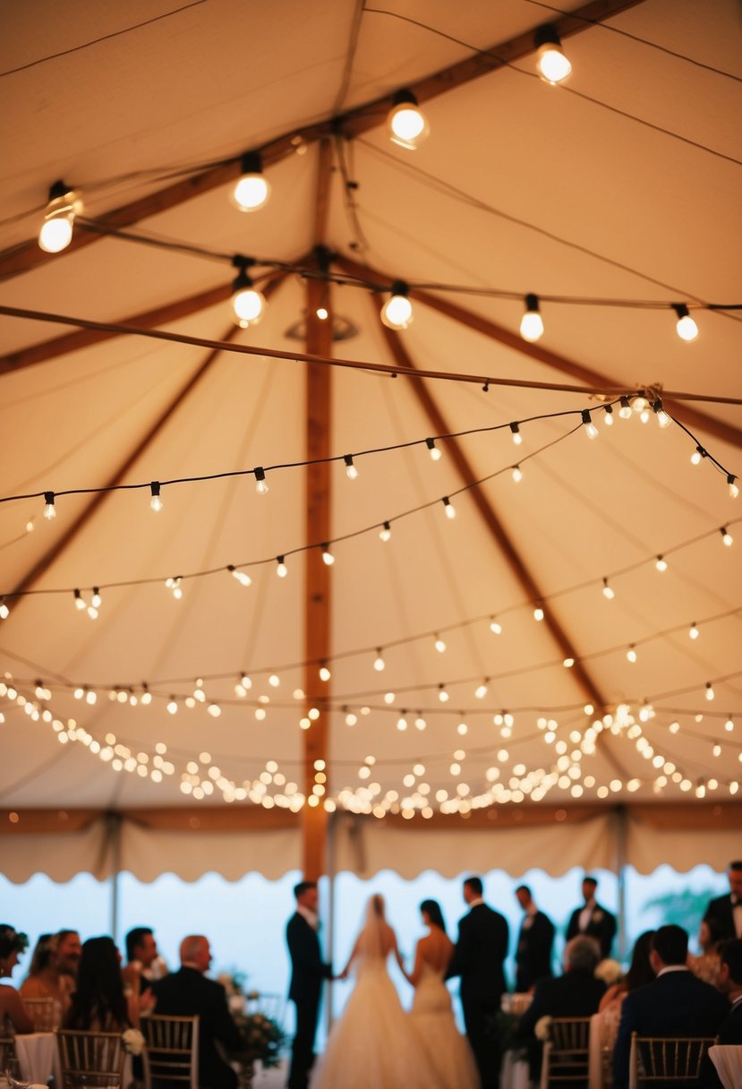 A wedding tent adorned with Italian string lighting, creating a warm and romantic ambiance