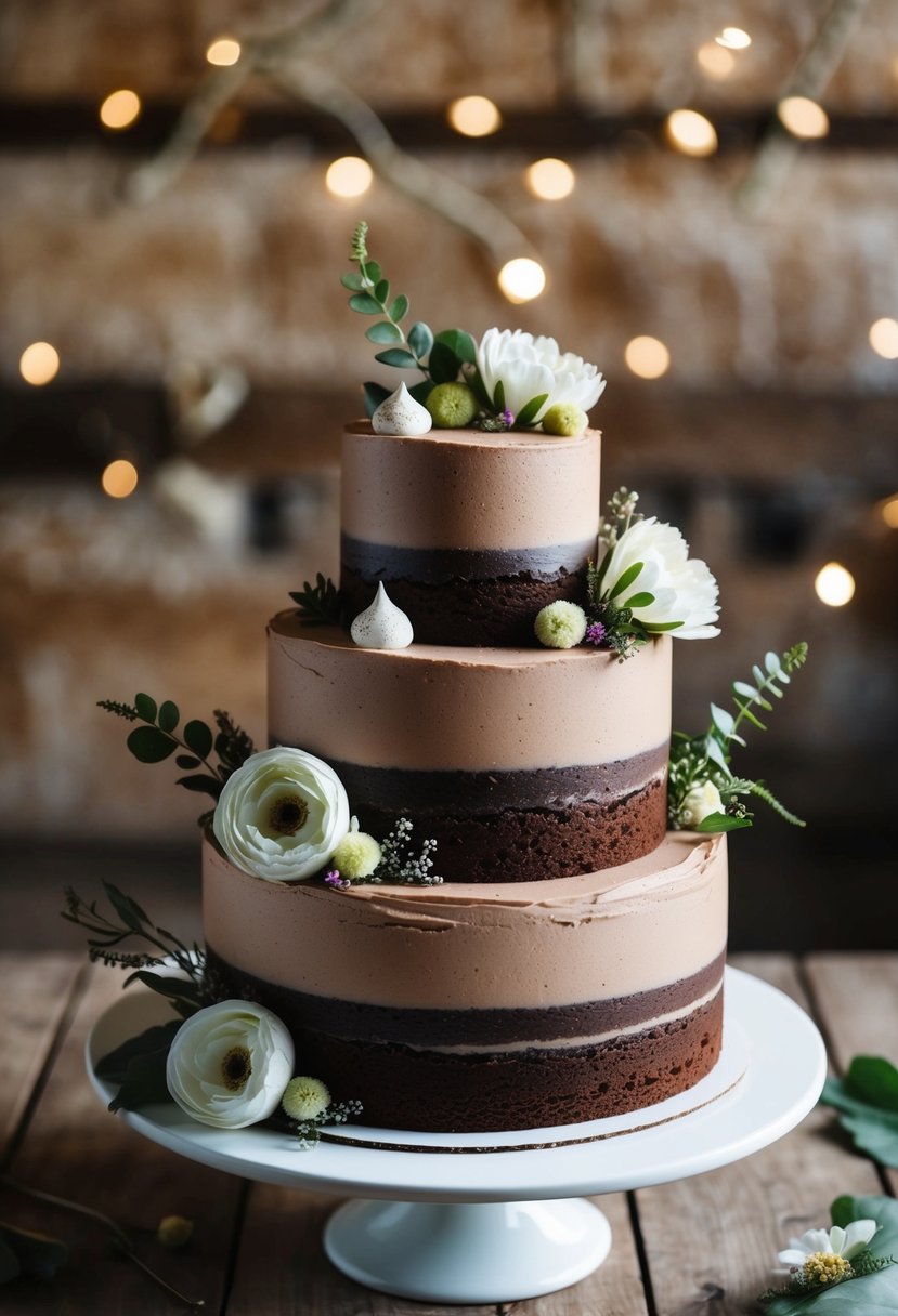 A three-tier chocolate cake with swiss meringue buttercream, adorned with rustic spring flowers and greenery