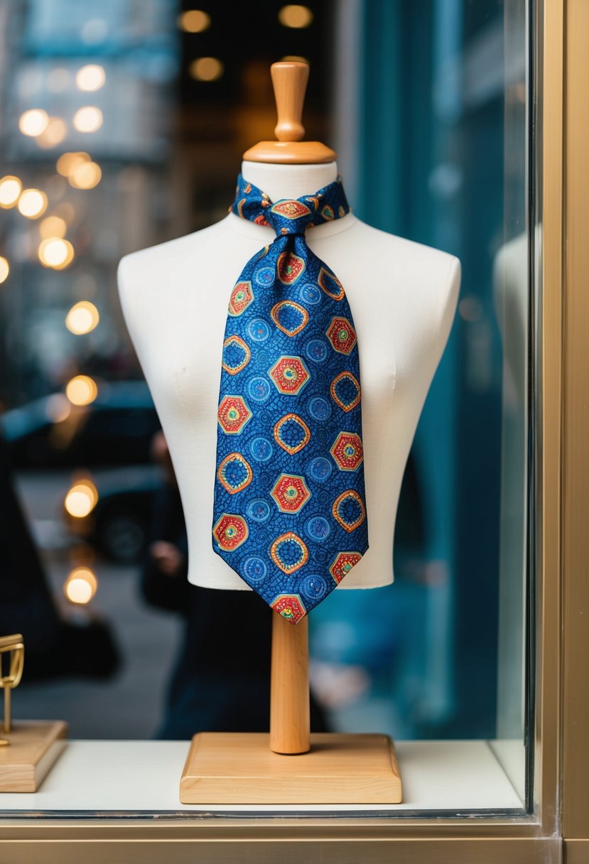 A mannequin with a colorful, patterned tie stands in a boutique window display, catching the attention of passersby