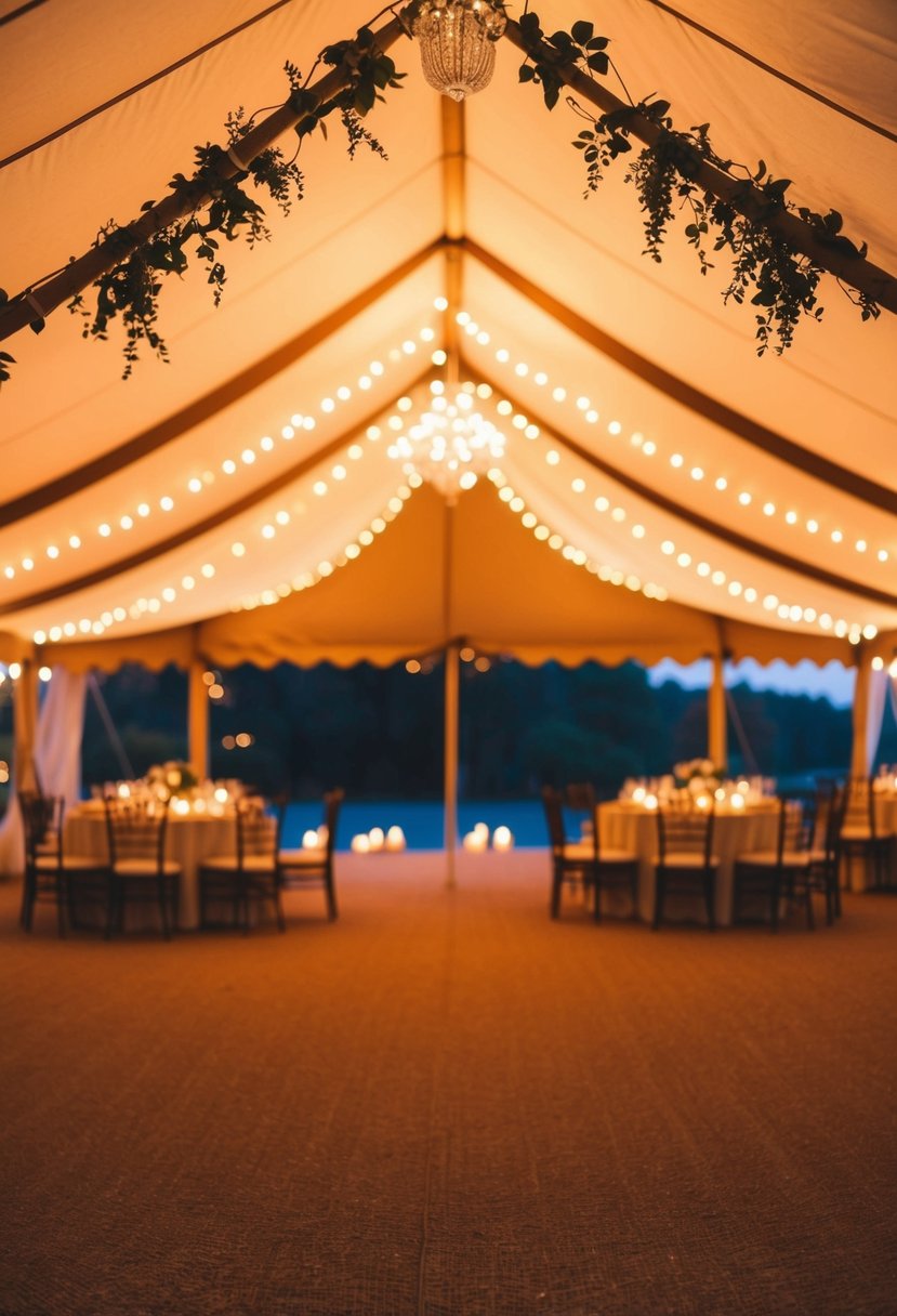 Soft, warm up-lighting casts a romantic glow on the fabric walls of a wedding tent, creating a cozy and elegant atmosphere