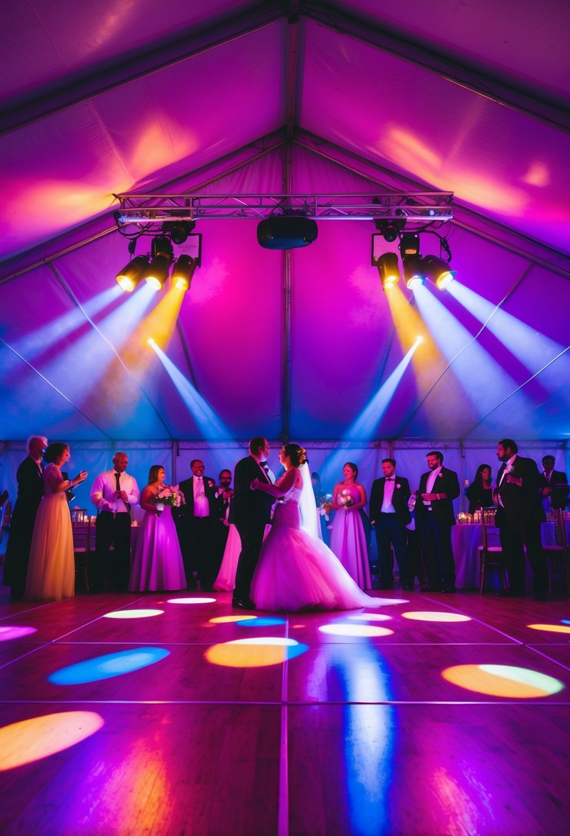 Colorful spotlights illuminate a vibrant dance floor in a wedding tent, creating a festive and lively atmosphere