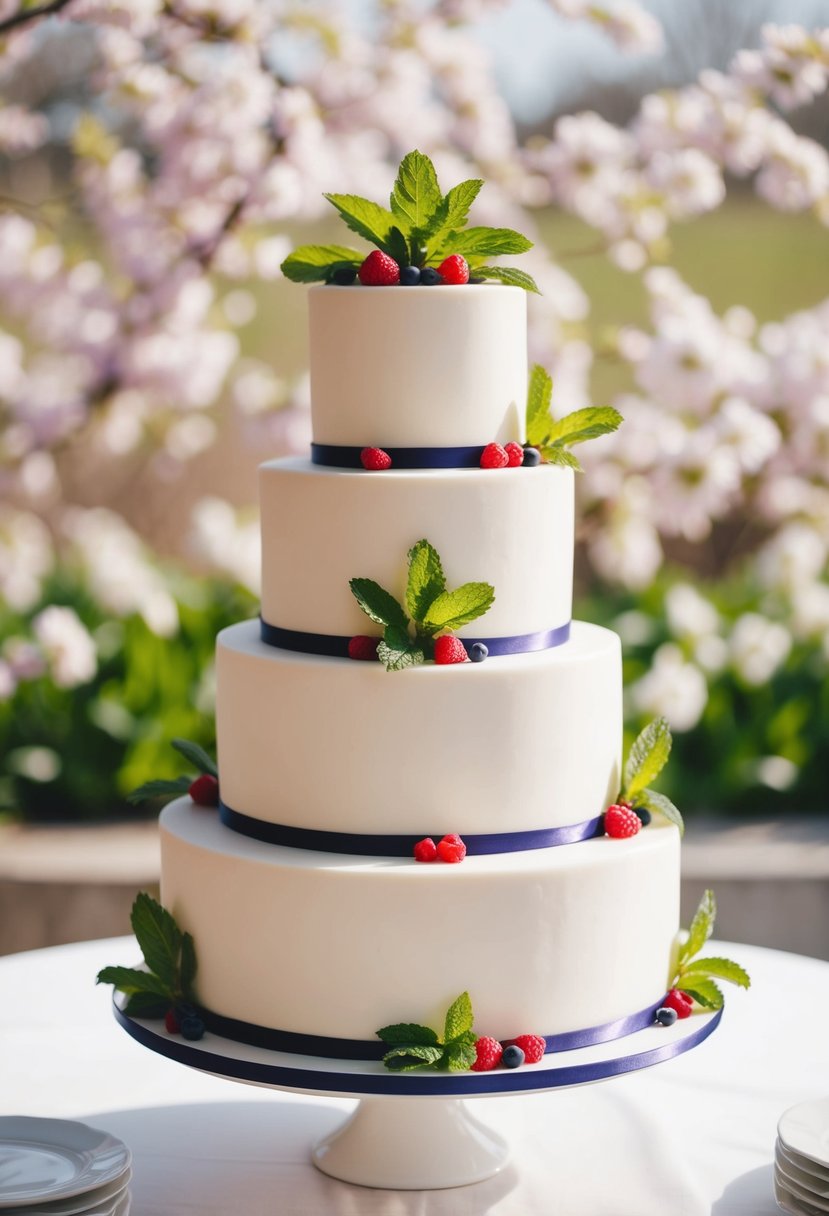 A three-tiered white wedding cake adorned with fresh mint leaves and berries, set against a backdrop of blooming spring flowers