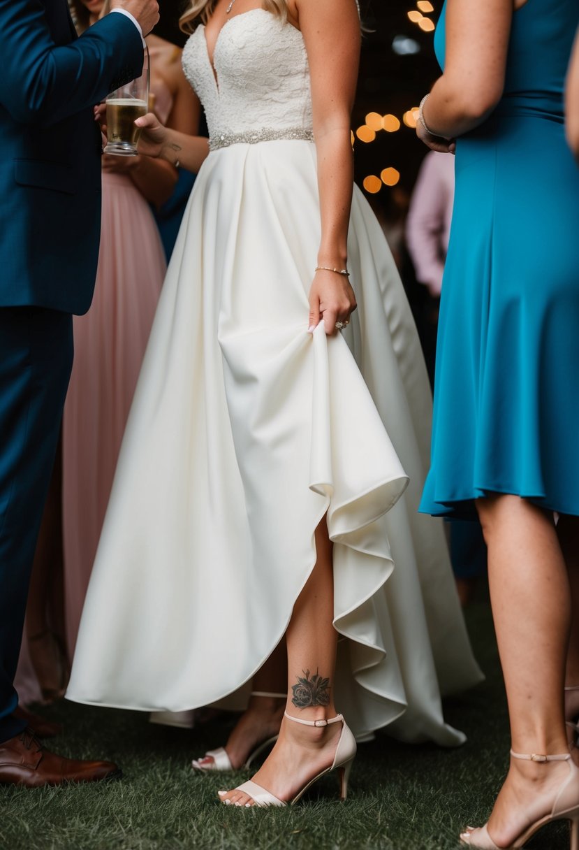 A wedding guest's ankle tattoo peeks out from beneath a flowing dress as they mingle with other guests at the reception