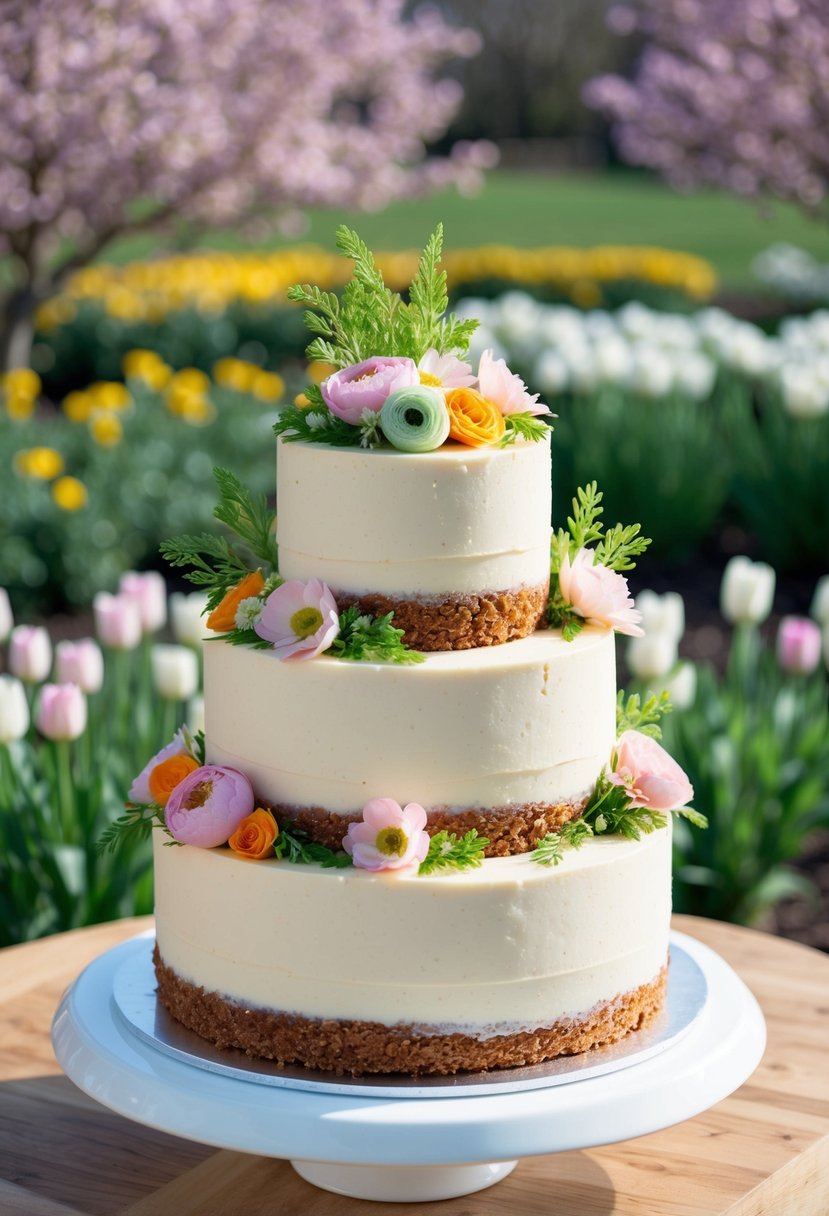 A three-tiered carrot cake with cream cheese frosting adorned with pastel-colored flowers and greenery, set against a backdrop of blooming spring gardens