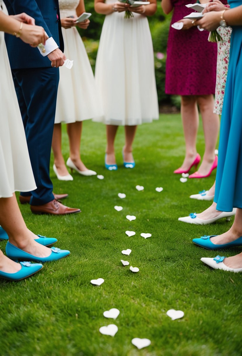 A group of guests wearing matching shoes search for wedding clues in a garden