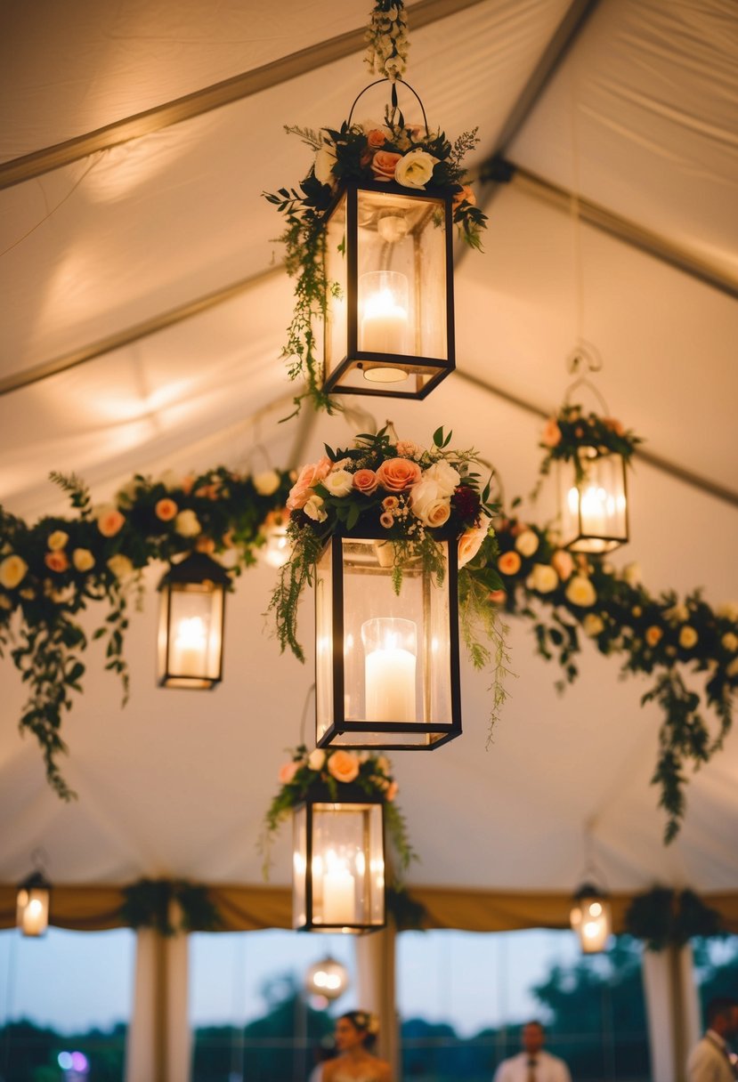 Floral lanterns hang from the ceiling of a wedding tent, casting a warm and romantic glow over the space