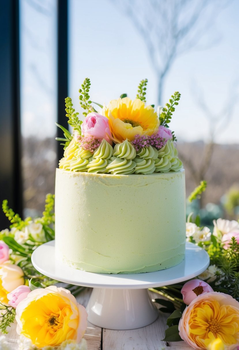 A pistachio cake topped with honey buttercream surrounded by pastel flowers and greenery, set against a backdrop of a bright and sunny spring day