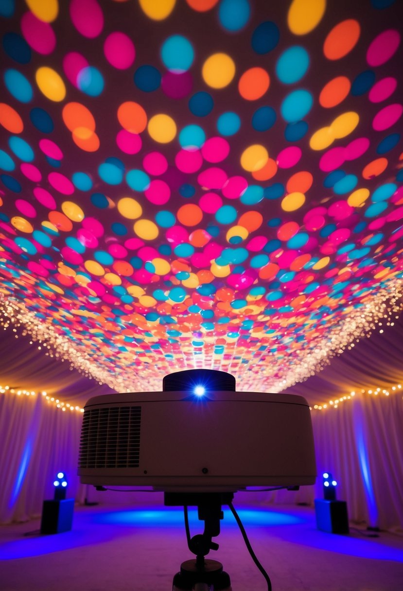 Colorful patterns dance across the ceiling of a wedding tent, cast by a projector