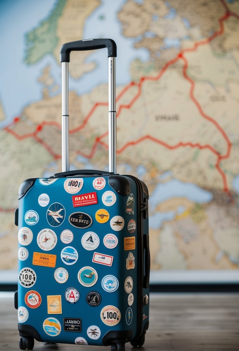 A suitcase covered in travel stickers sits next to a map with a winding route of over 1,000 miles marked in red