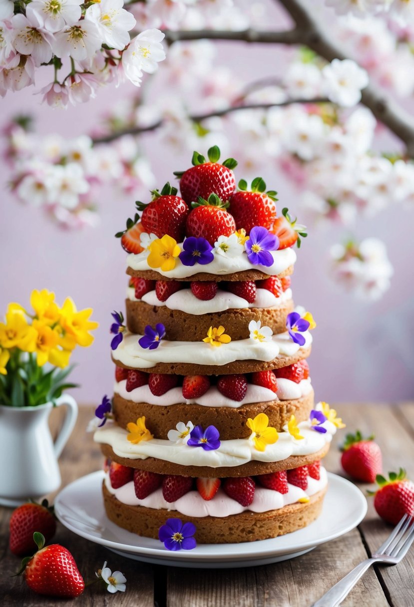 A tiered strawberry shortcake adorned with colorful edible flowers, set against a backdrop of blooming spring blossoms