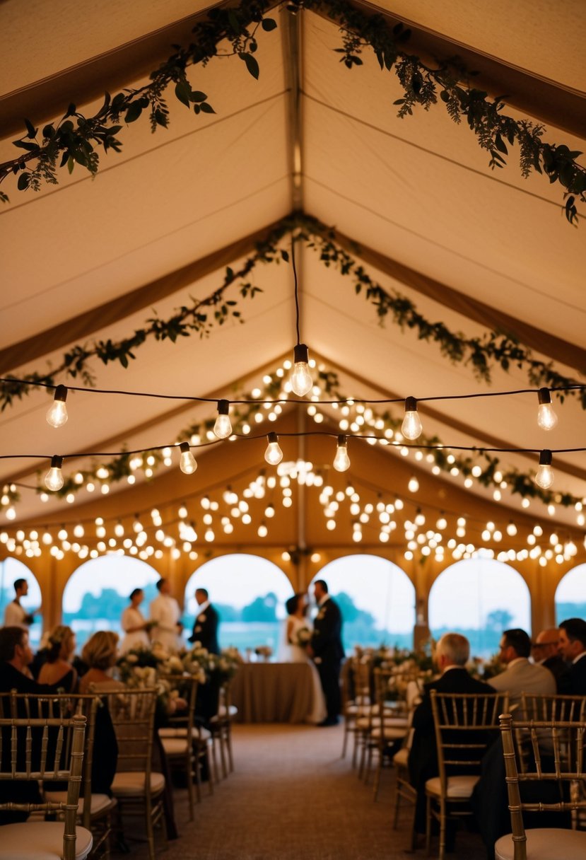 A wedding tent adorned with rustic bulb garlands, casting a warm and romantic glow over the space