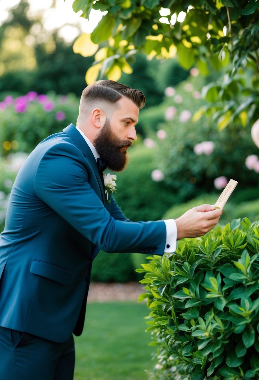 A bearded groom searching for a hidden wedding scavenger hunt clue in a lush garden