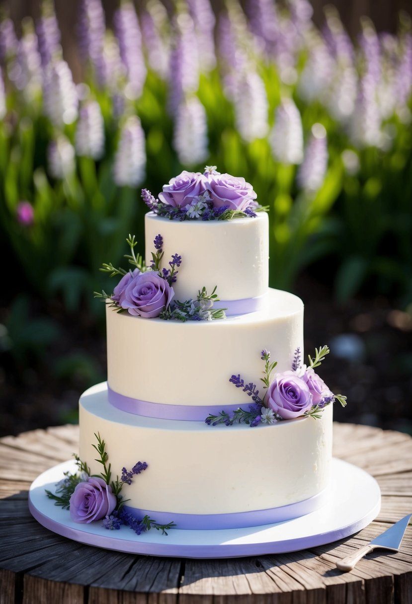 A three-tier vanilla bean cake adorned with lavender flowers and hints of greenery, set against a backdrop of blooming spring flowers