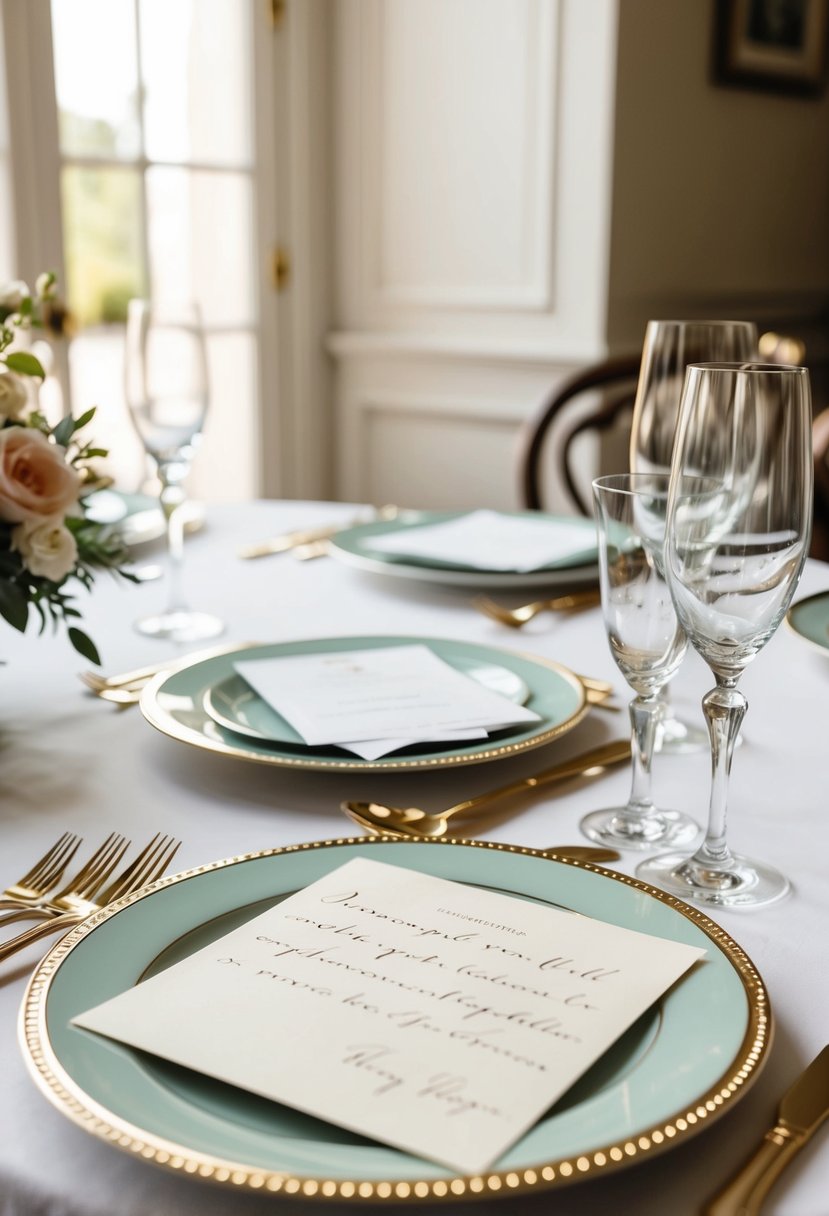 A beautifully set table with a handwritten note and elegant stationery