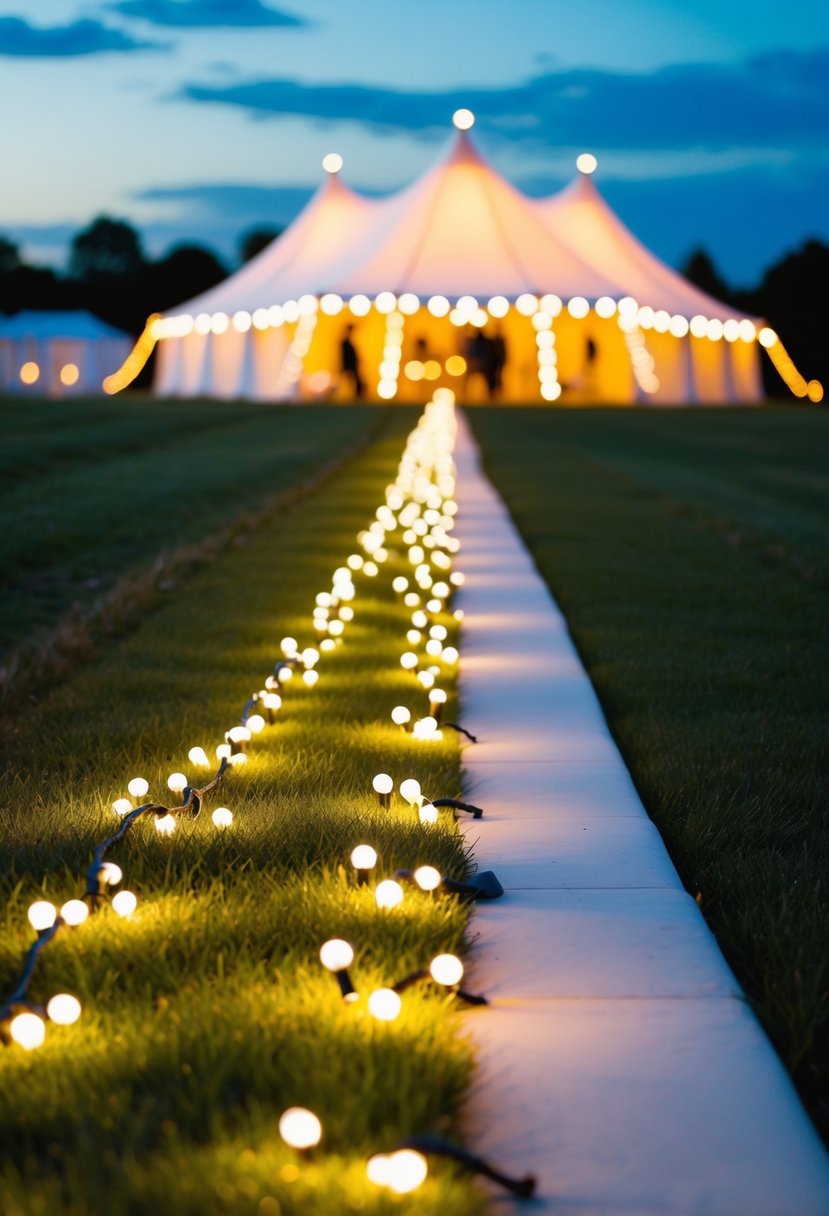 A pathway lined with soft, warm lights leads to a grand wedding tent, glowing with elegant and romantic illumination