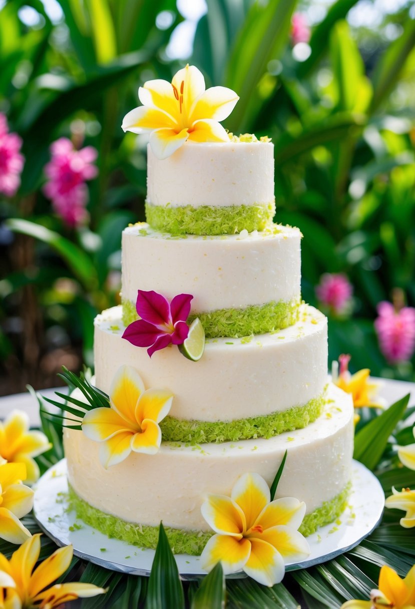 A three-tiered coconut cake topped with lime zest and tropical flowers, set against a backdrop of lush greenery and vibrant spring blooms